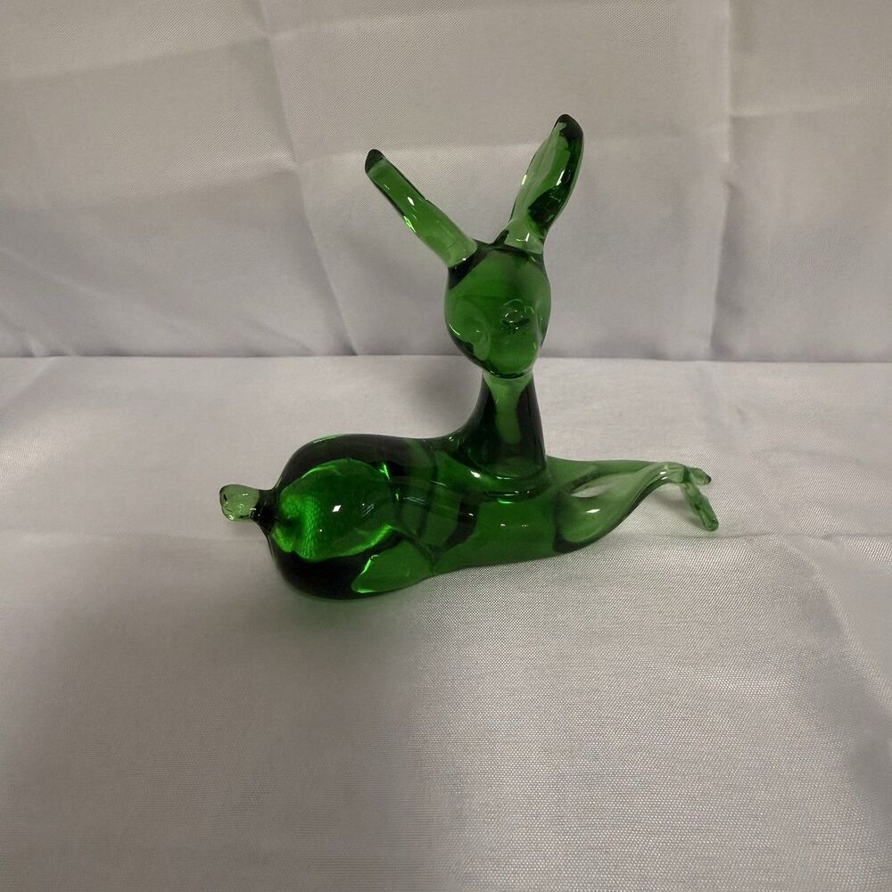 Vintage Pilgrim Glass Green Art Glass Resting Deer Figurine Fawn Reclining MCM